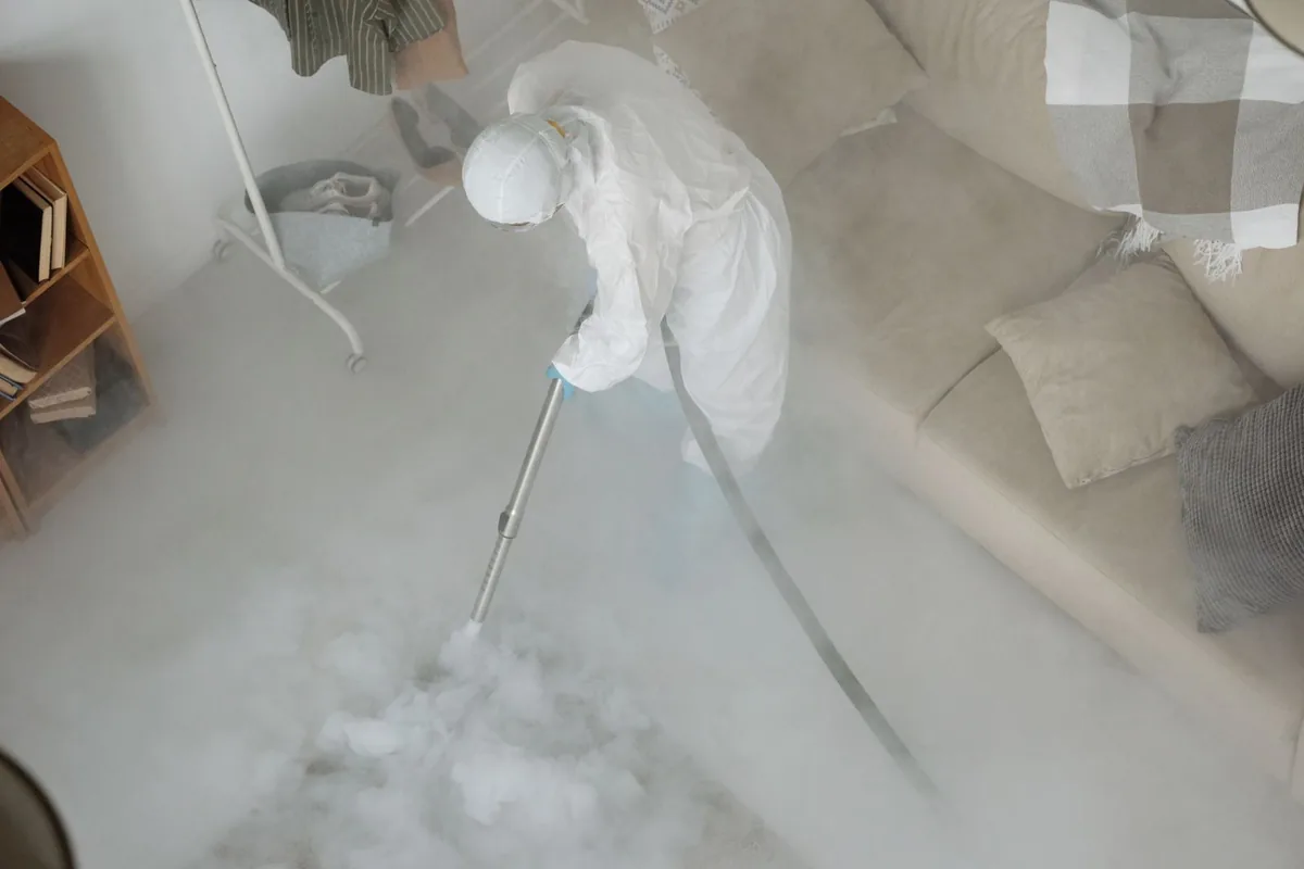 Biohazard cleanup technician in protective equipment, Wade Hampton, SC